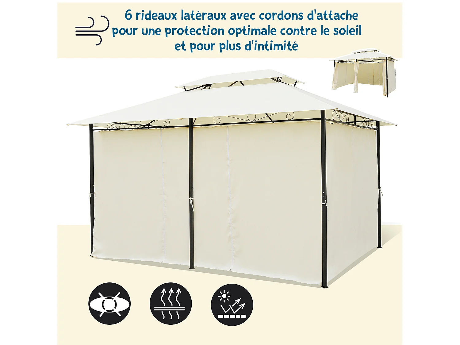 Tonnelle barnum pavillon de jardin style colonial double toit toiles latérales amovibles 3L x 4l x 2,65H m crème