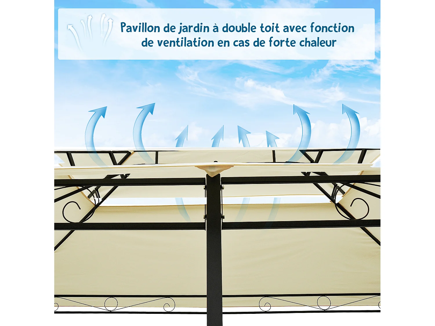 Tonnelle barnum pavillon de jardin style colonial double toit toiles latérales amovibles 3L x 4l x 2,65H m crème