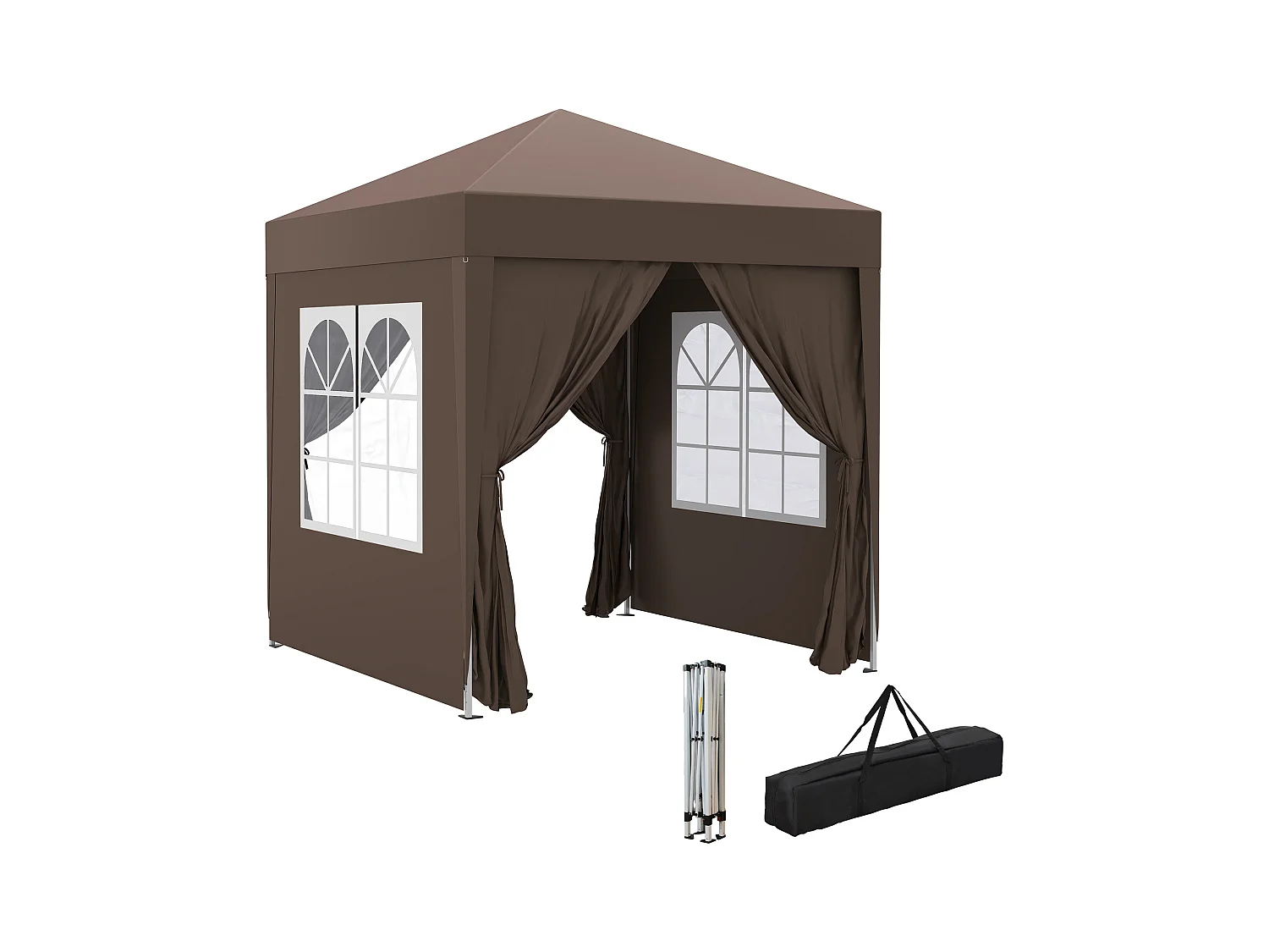 Tonnelle de jardin tente pliante barnum pop-up 2 x 2 m 4 parois latérales amovibles 2 fenêtres sac de transport chocolat