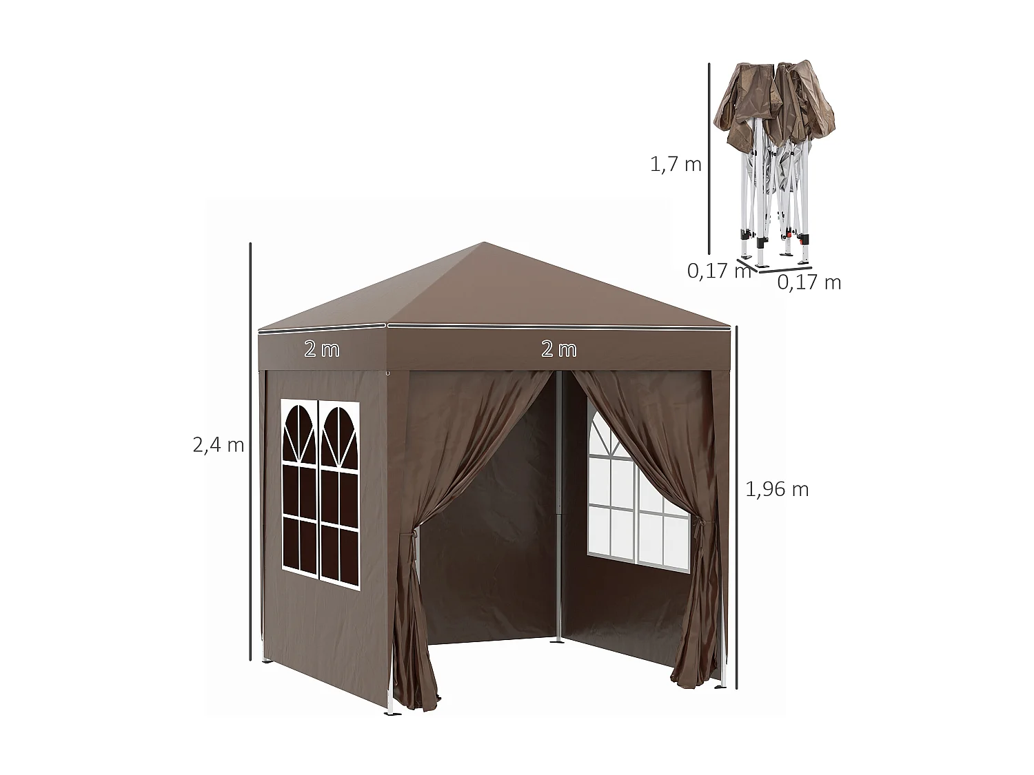 Tonnelle de jardin tente pliante barnum pop-up 2 x 2 m 4 parois latérales amovibles 2 fenêtres sac de transport chocolat