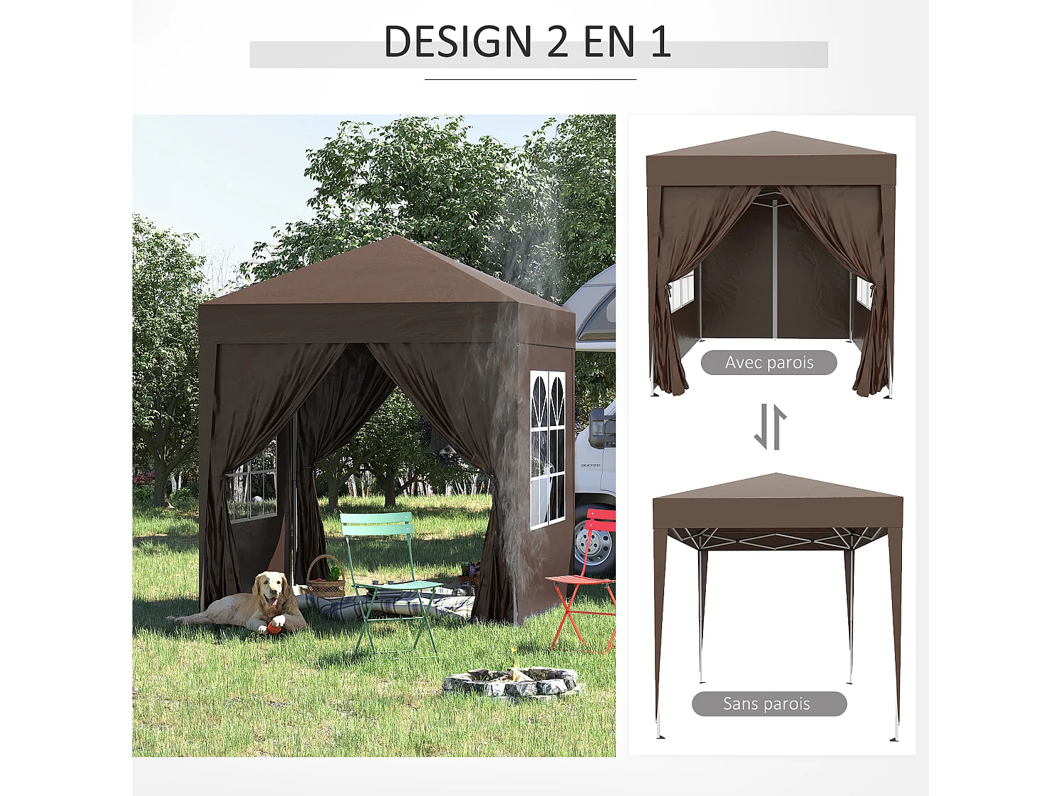 Tonnelle de jardin tente pliante barnum pop-up 2 x 2 m 4 parois latérales amovibles 2 fenêtres sac de transport chocolat