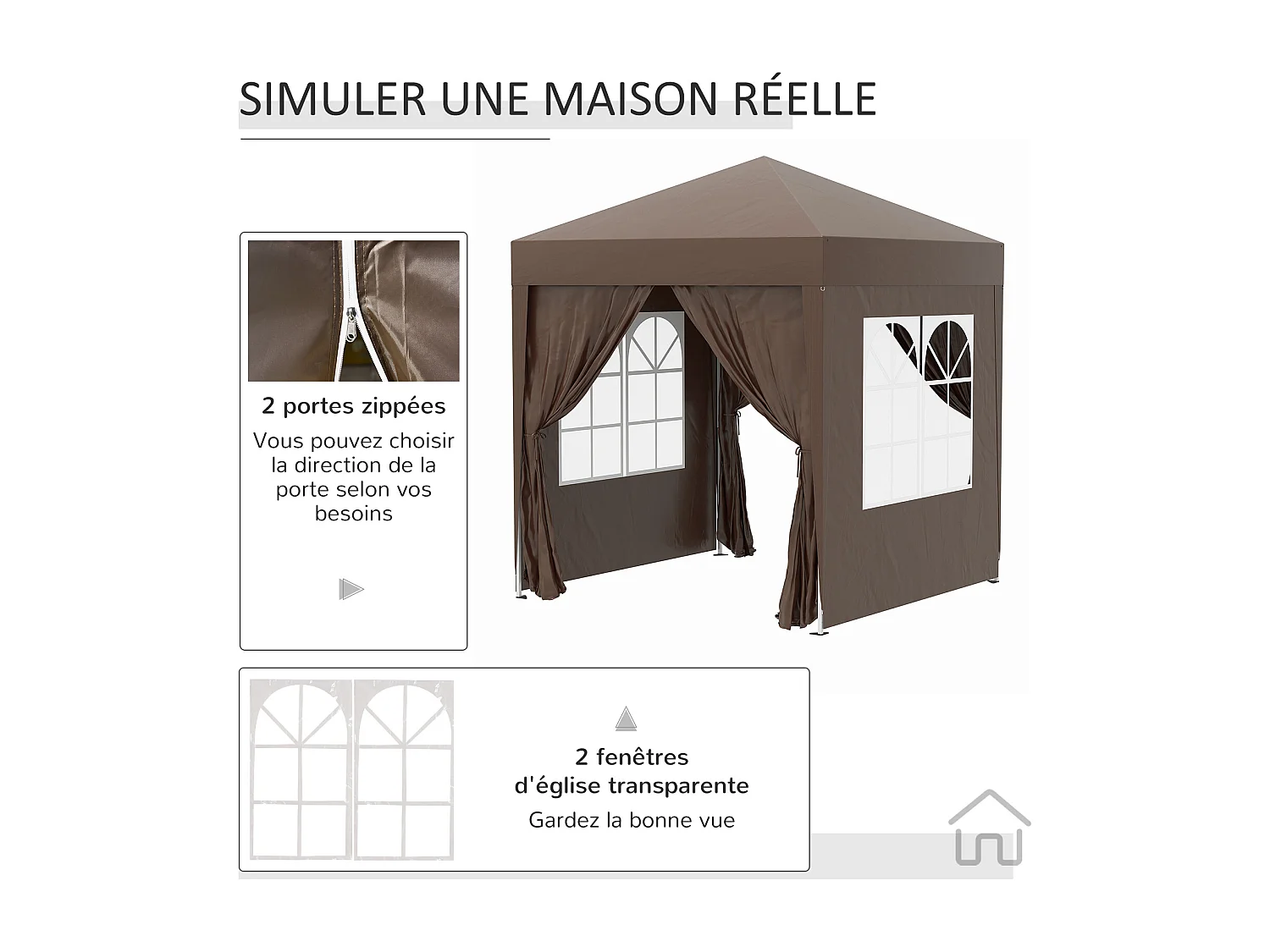 Tonnelle de jardin tente pliante barnum pop-up 2 x 2 m 4 parois latérales amovibles 2 fenêtres sac de transport chocolat