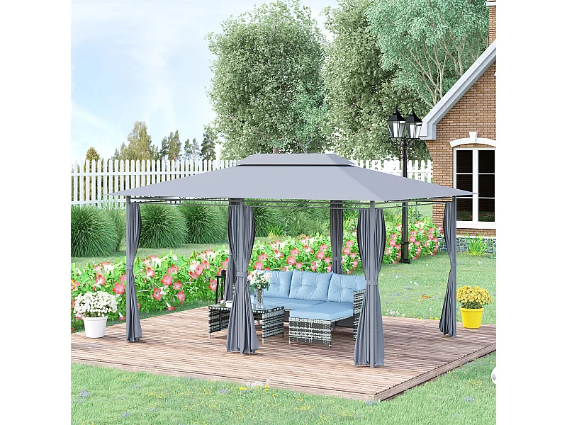 Tonnelle barnum pavillon de jardin style colonial double toit toiles latérales amovibles 3L x 4l x 2,65H m gris