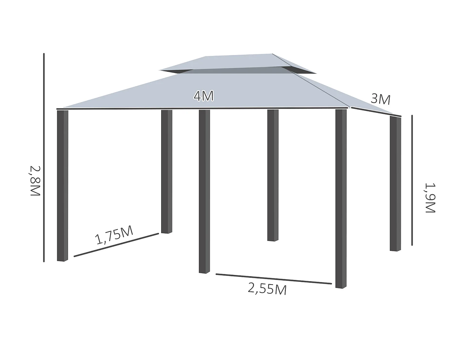 Tonnelle barnum pavillon de jardin style colonial double toit toiles latérales amovibles 3L x 4l x 2,65H m gris