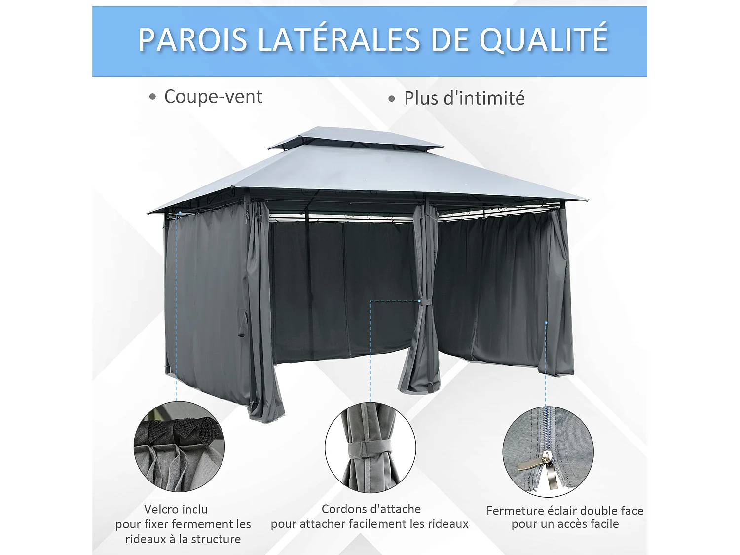 Tonnelle barnum pavillon de jardin style colonial double toit toiles latérales amovibles 3L x 4l x 2,65H m gris