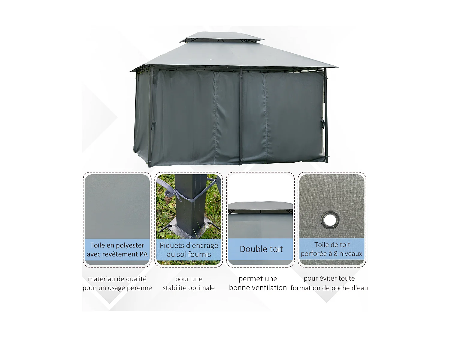 Tonnelle barnum pavillon de jardin style colonial double toit toiles latérales amovibles 3L x 4l x 2,65H m gris