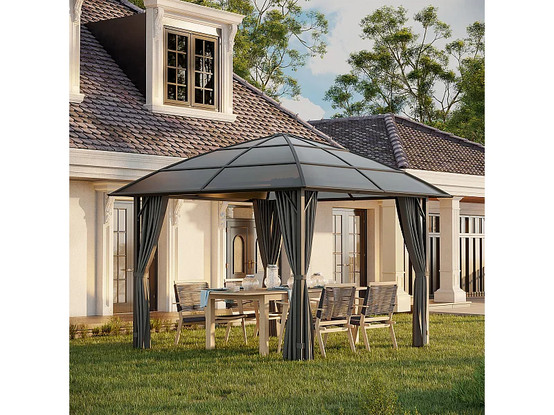 Pavillon de jardin barnum rigide dim. 3,05L x 3,05l x 2,7H m 4 rideaux zippés alu. acier polycarbonate noir polyester gris