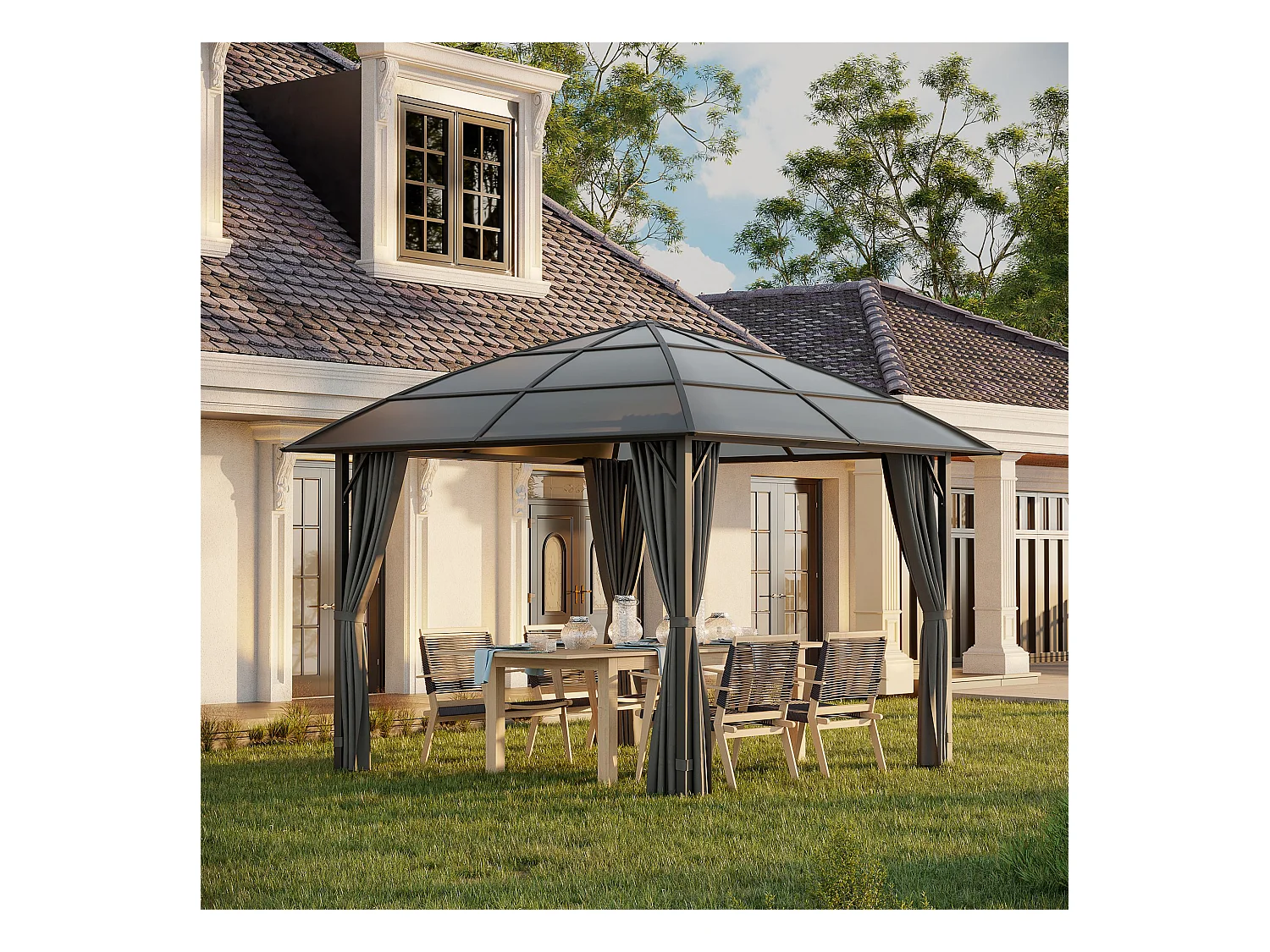 Pavillon de jardin barnum rigide dim. 3,05L x 3,05l x 2,7H m 4 rideaux zippés alu. acier polycarbonate noir polyester gris
