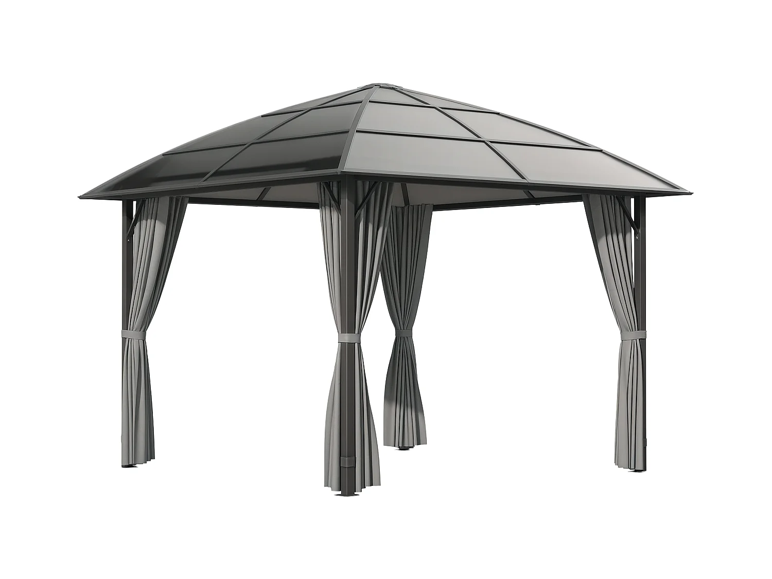 Pavillon de jardin barnum rigide dim. 3,05L x 3,05l x 2,7H m 4 rideaux zippés alu. acier polycarbonate noir polyester gris