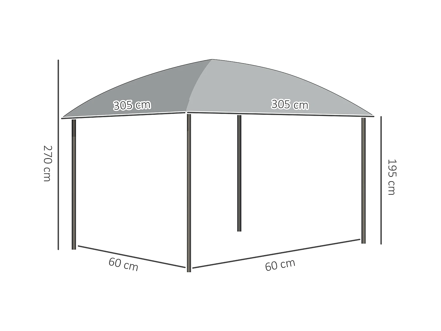 Pavillon de jardin barnum rigide dim. 3,05L x 3,05l x 2,7H m 4 rideaux zippés alu. acier polycarbonate noir polyester gris