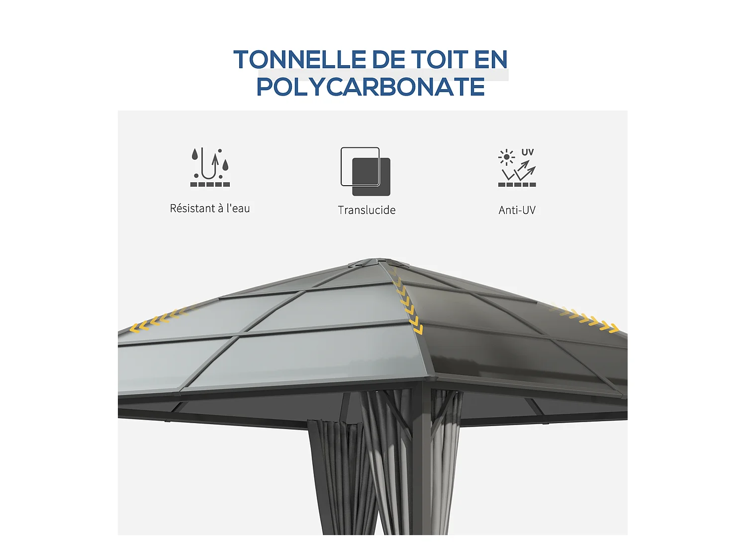 Pavillon de jardin barnum rigide dim. 3,05L x 3,05l x 2,7H m 4 rideaux zippés alu. acier polycarbonate noir polyester gris