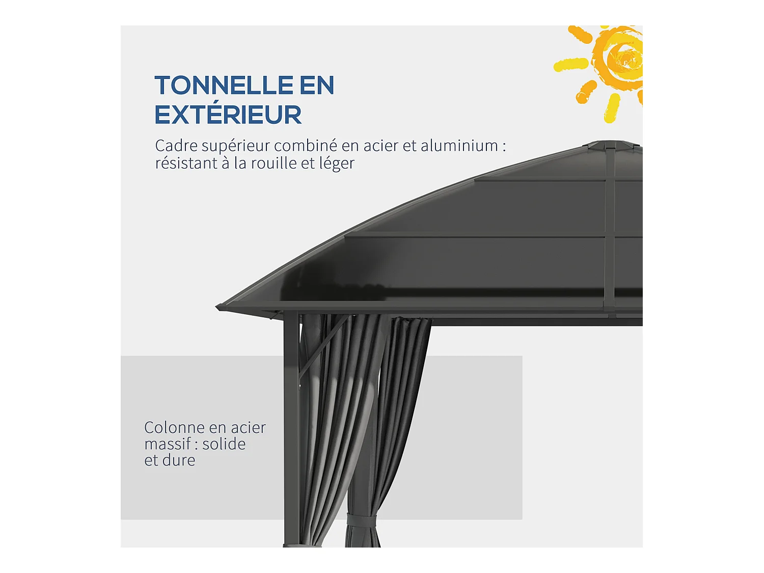 Pavillon de jardin barnum rigide dim. 3,05L x 3,05l x 2,7H m 4 rideaux zippés alu. acier polycarbonate noir polyester gris