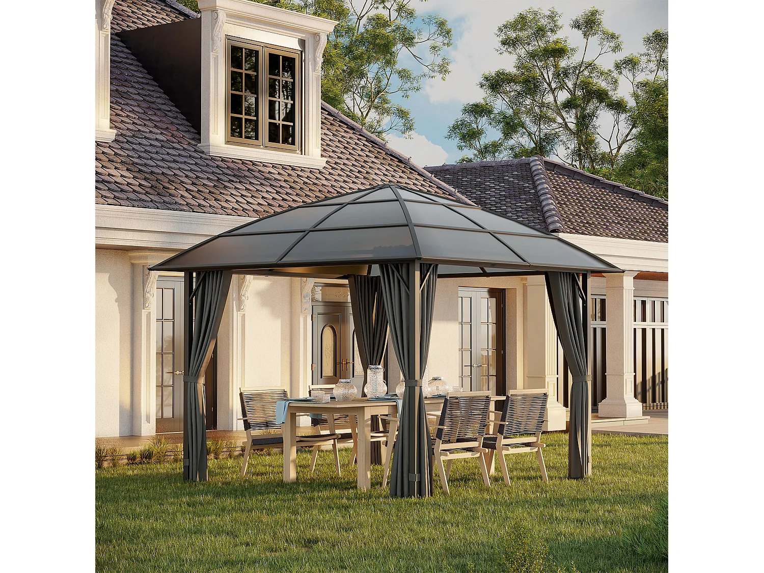 Pavillon de jardin barnum rigide dim. 3,05L x 3,05l x 2,7H m 4 rideaux zippés alu. acier polycarbonate noir polyester gris