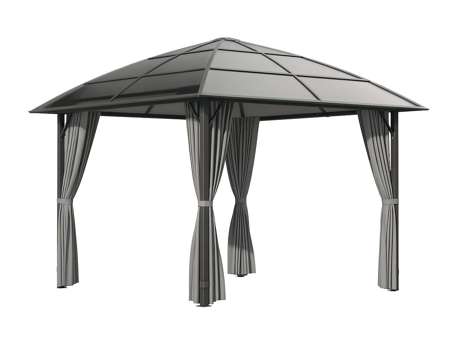 Pavillon de jardin barnum rigide dim. 3,05L x 3,05l x 2,7H m 4 rideaux zippés alu. acier polycarbonate noir polyester gris