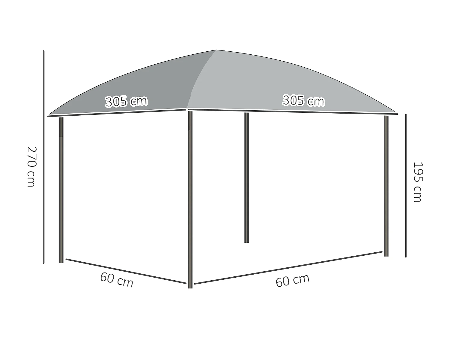 Pavillon de jardin barnum rigide dim. 3,05L x 3,05l x 2,7H m 4 rideaux zippés alu. acier polycarbonate noir polyester gris