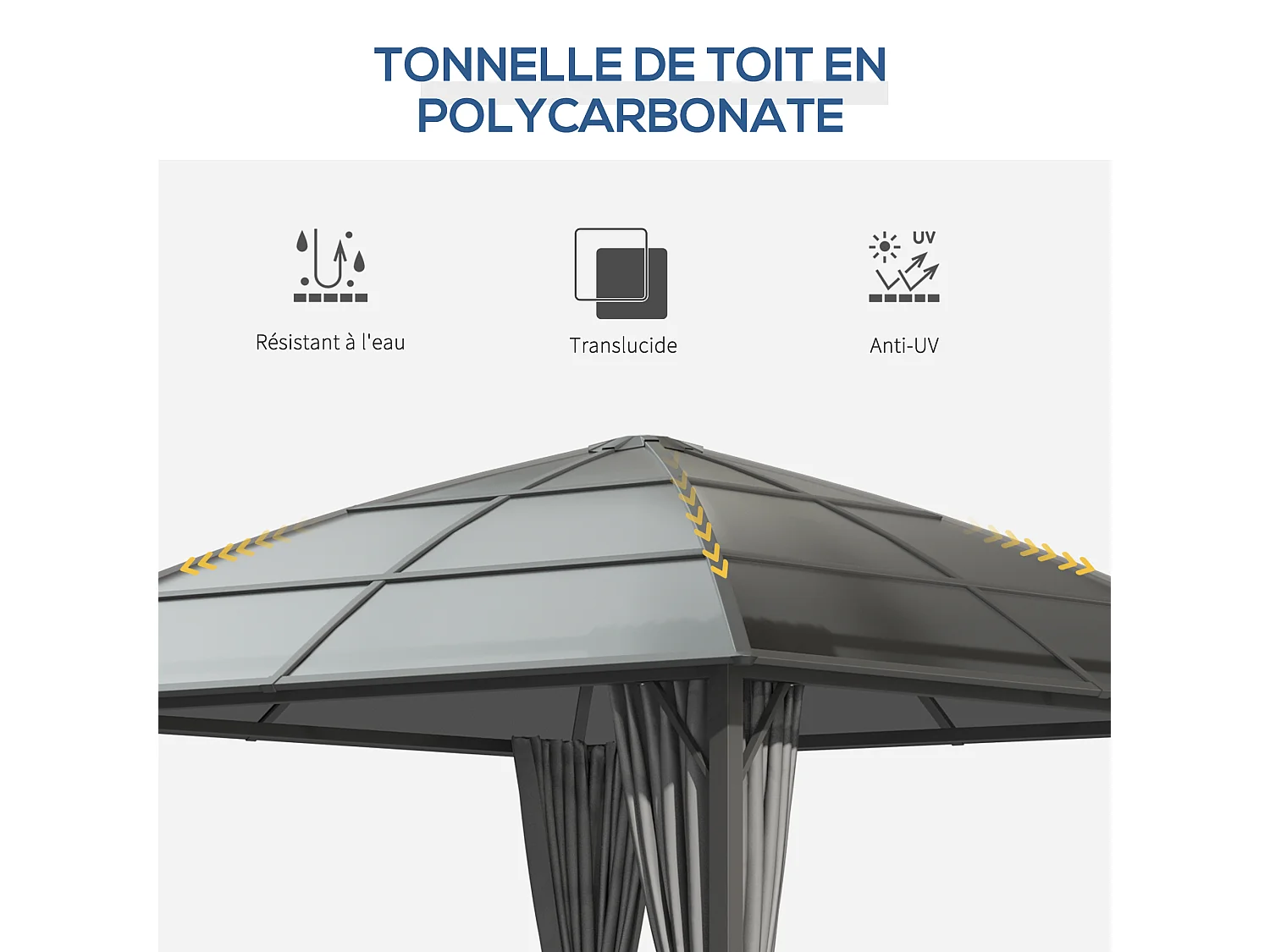 Pavillon de jardin barnum rigide dim. 3,05L x 3,05l x 2,7H m 4 rideaux zippés alu. acier polycarbonate noir polyester gris