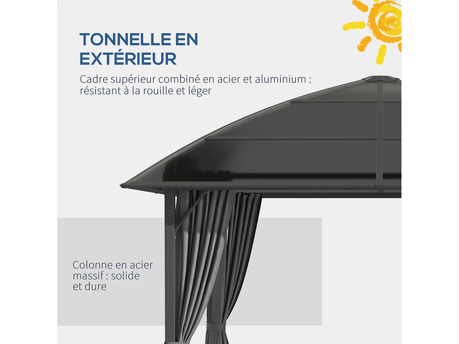 Pavillon de jardin barnum rigide dim. 3,05L x 3,05l x 2,7H m 4 rideaux zippés alu. acier polycarbonate noir polyester gris