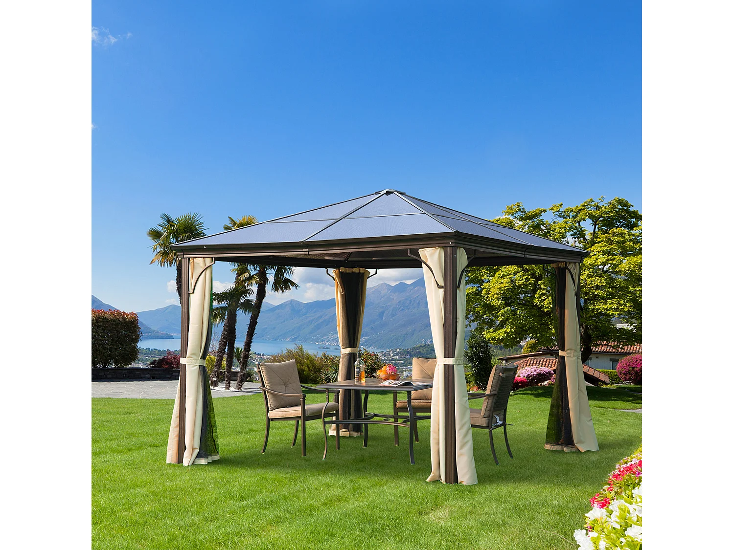 Tonnelle pavillon de jardin imperméable 4 parois latérales anti-UV 4 moustiquaires panneaux polycarbonate alu 3L x 3l x 2,6H m chocolat beige