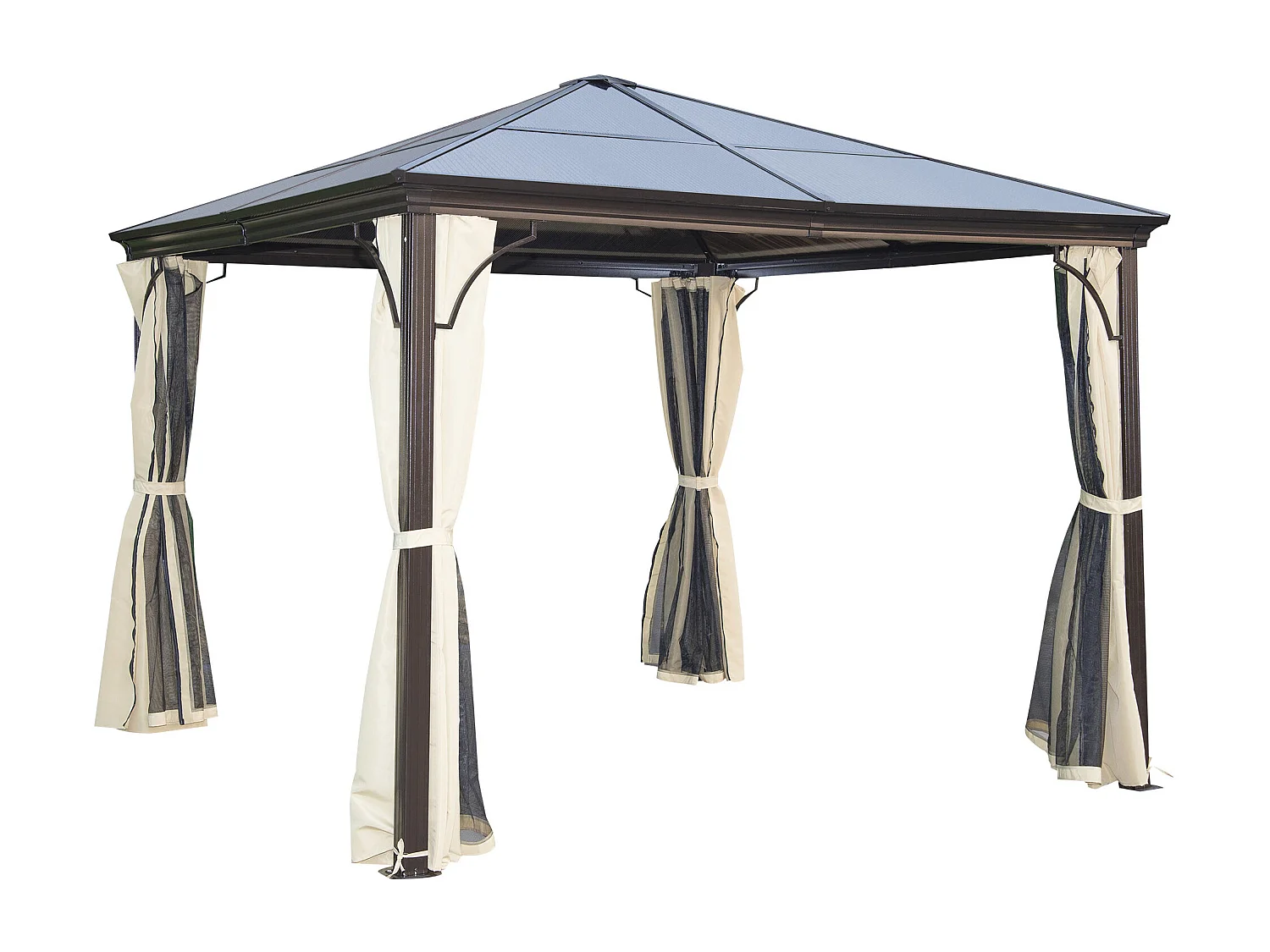 Tonnelle pavillon de jardin imperméable 4 parois latérales anti-UV 4 moustiquaires panneaux polycarbonate alu 3L x 3l x 2,6H m chocolat beige