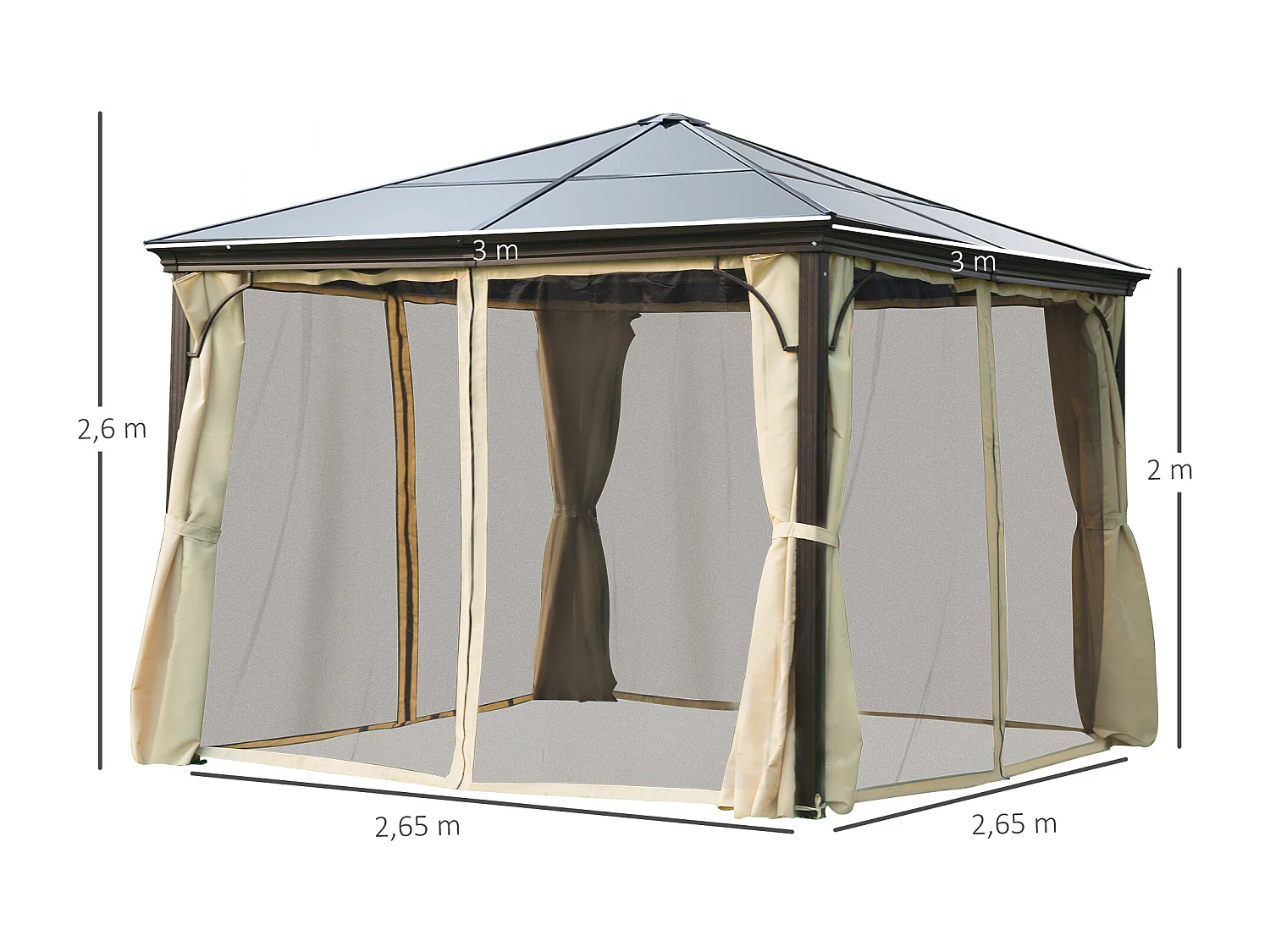 Tonnelle pavillon de jardin imperméable 4 parois latérales anti-UV 4 moustiquaires panneaux polycarbonate alu 3L x 3l x 2,6H m chocolat beige