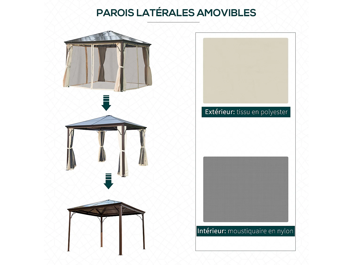 Tonnelle pavillon de jardin imperméable 4 parois latérales anti-UV 4 moustiquaires panneaux polycarbonate alu 3L x 3l x 2,6H m chocolat beige