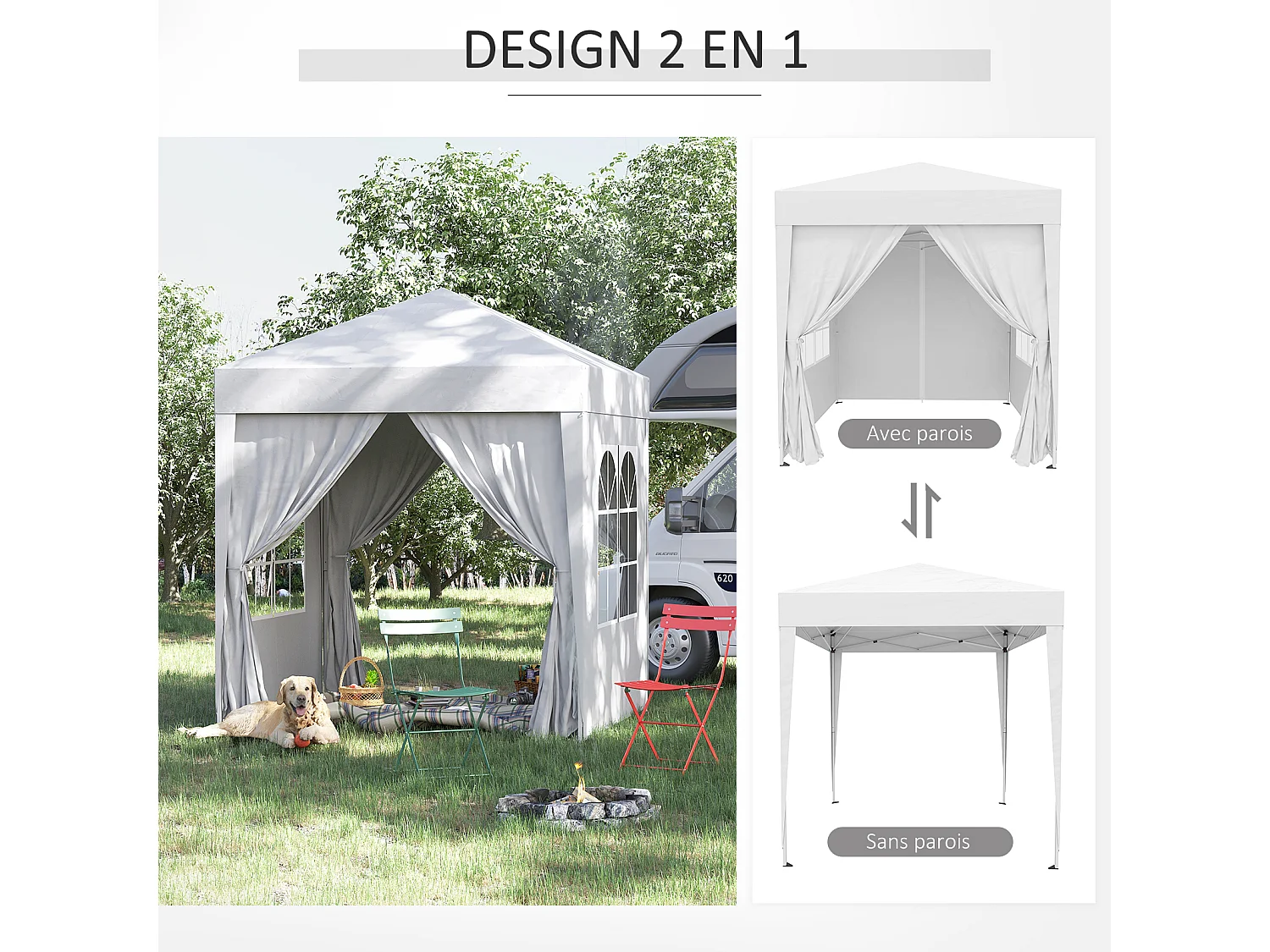 Tonnelle de jardin tente pliante barnum pop-up 2 x 2 m 4 parois latérales amovibles 2 fenêtres sac de transport blanc