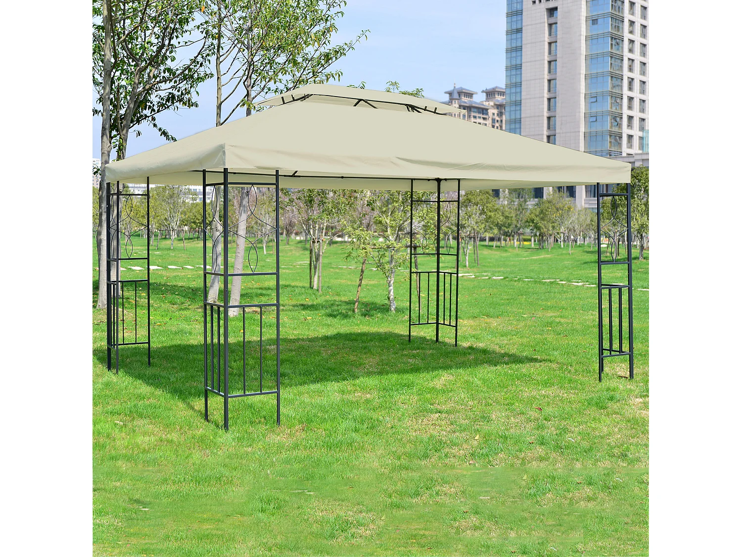 HOMCOM Tonnelle Pavillon de jardin barnum style colonial double toit 4 x 3 m acier crème