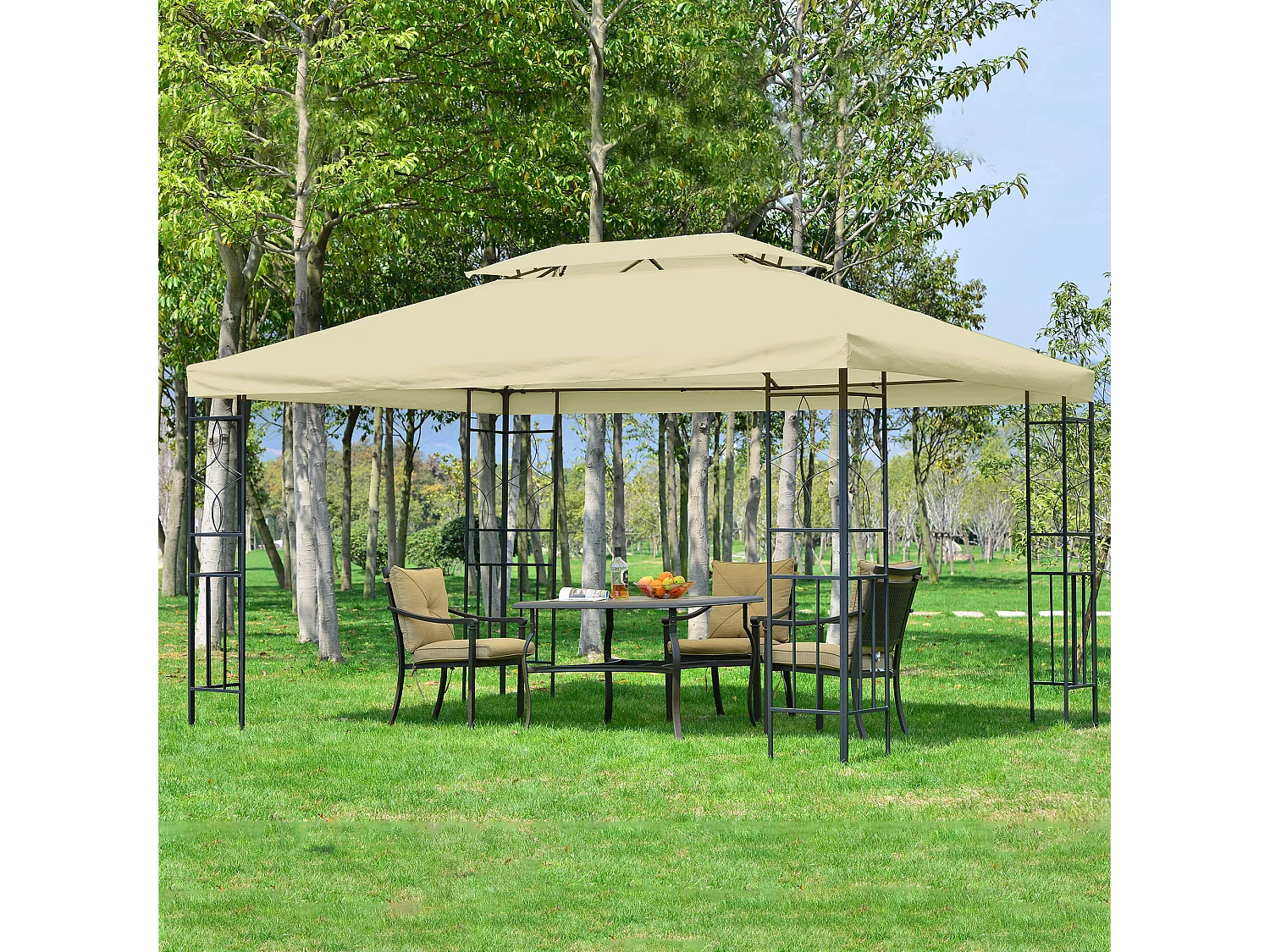 HOMCOM Tonnelle Pavillon de jardin barnum style colonial double toit 4 x 3 m acier crème