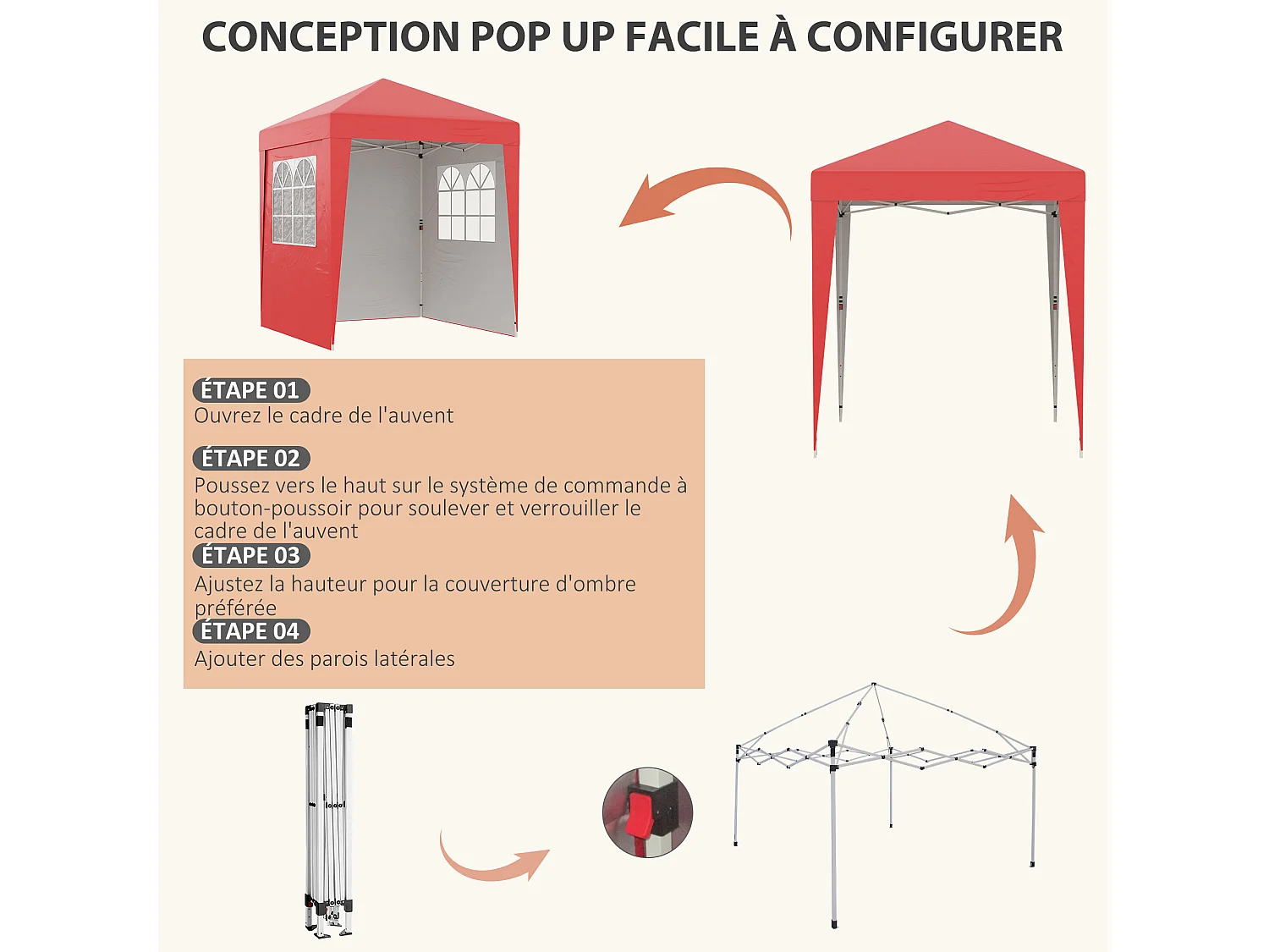 Tonnelle barnum pop-up pliant 2,02L x 2,02l x 2,61H m sacs de lestage et transport inclus rouge