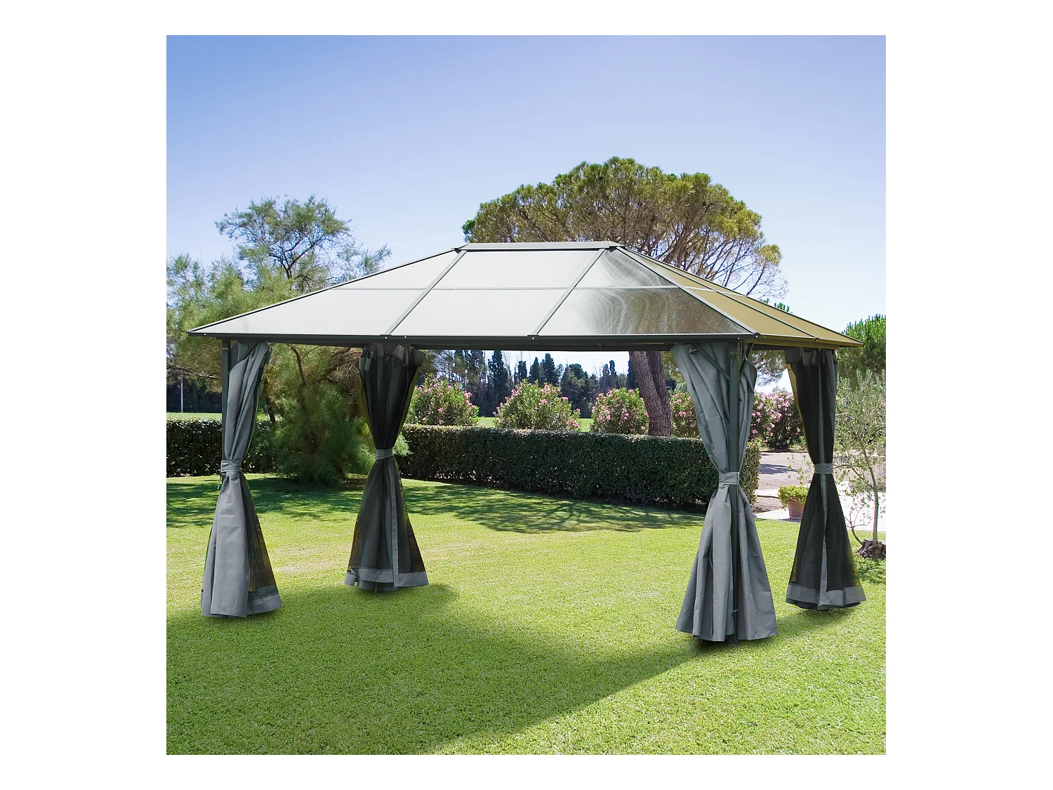 Pavillon de jardin tonnelle rigide dim. 4L x 3l x 2,65H m 4 parois latérales anti-UV gris 4 moustiquaires zippées alu. métal polycarbonate noir brun