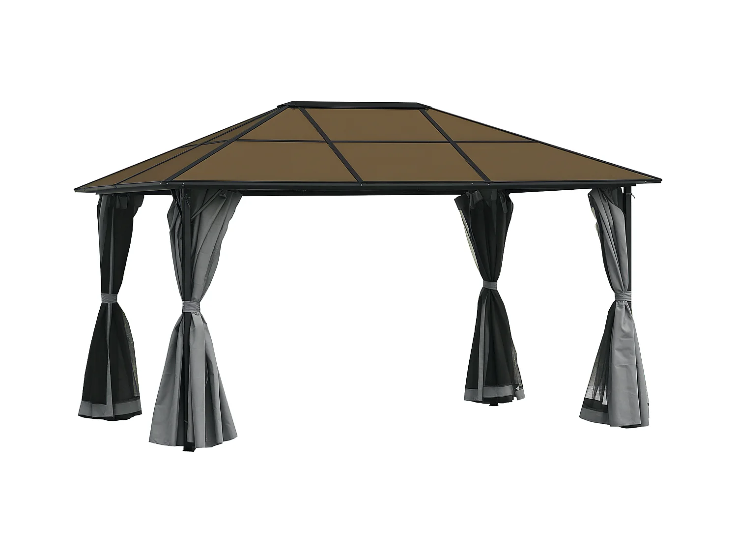 Pavillon de jardin tonnelle rigide dim. 4L x 3l x 2,65H m 4 parois latérales anti-UV gris 4 moustiquaires zippées alu. métal polycarbonate noir brun