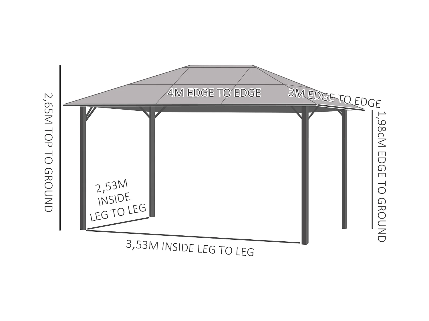 Pavillon de jardin tonnelle rigide dim. 4L x 3l x 2,65H m 4 parois latérales anti-UV gris 4 moustiquaires zippées alu. métal polycarbonate noir brun
