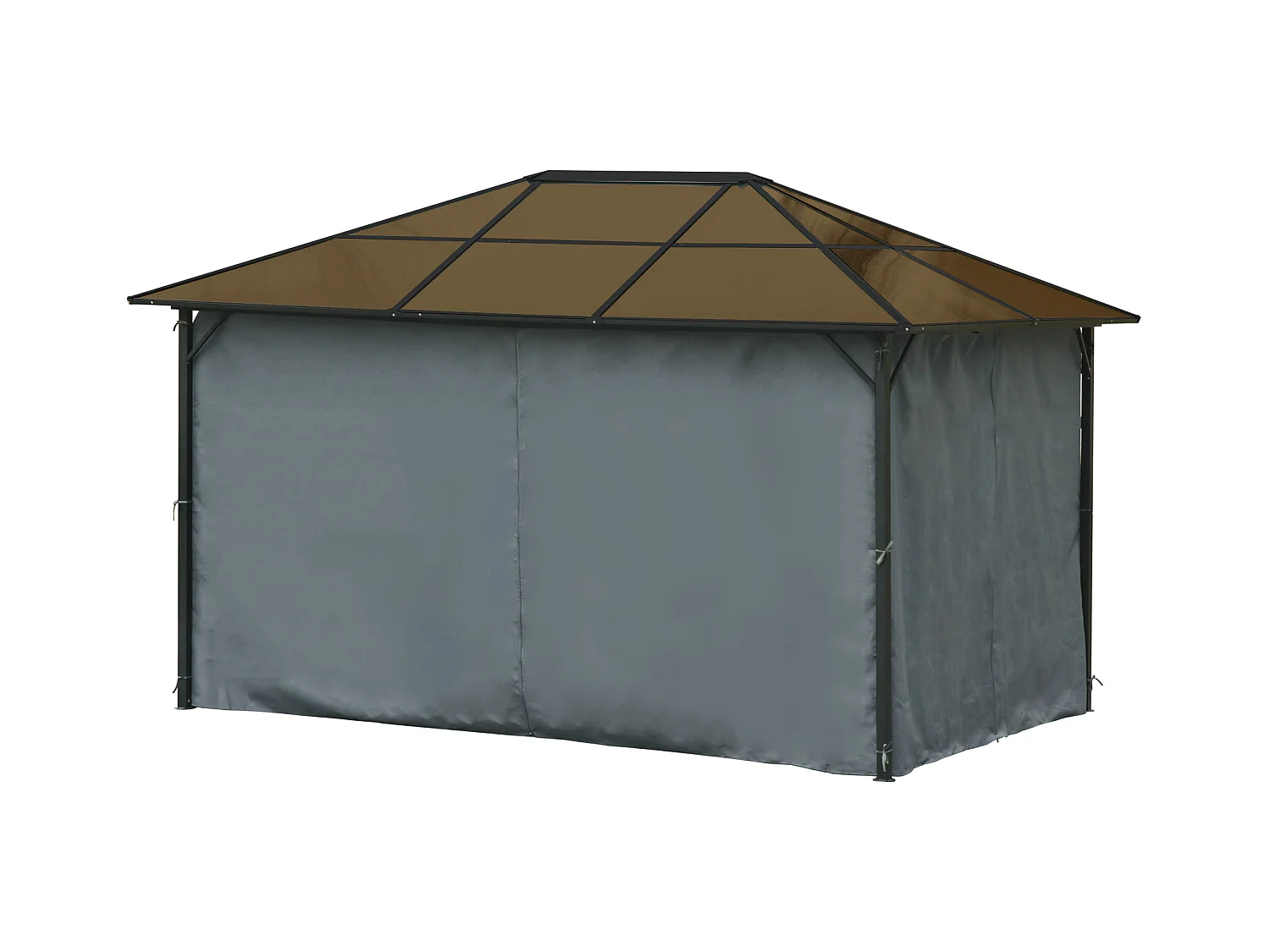 Pavillon de jardin tonnelle rigide dim. 4L x 3l x 2,65H m 4 parois latérales anti-UV gris 4 moustiquaires zippées alu. métal polycarbonate noir brun