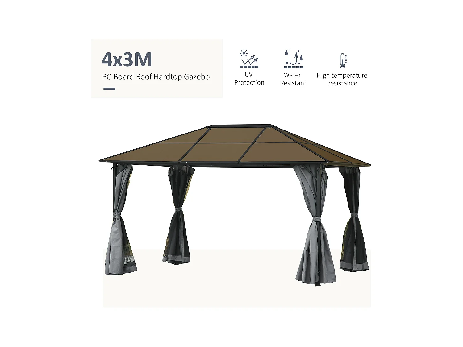 Pavillon de jardin tonnelle rigide dim. 4L x 3l x 2,65H m 4 parois latérales anti-UV gris 4 moustiquaires zippées alu. métal polycarbonate noir brun