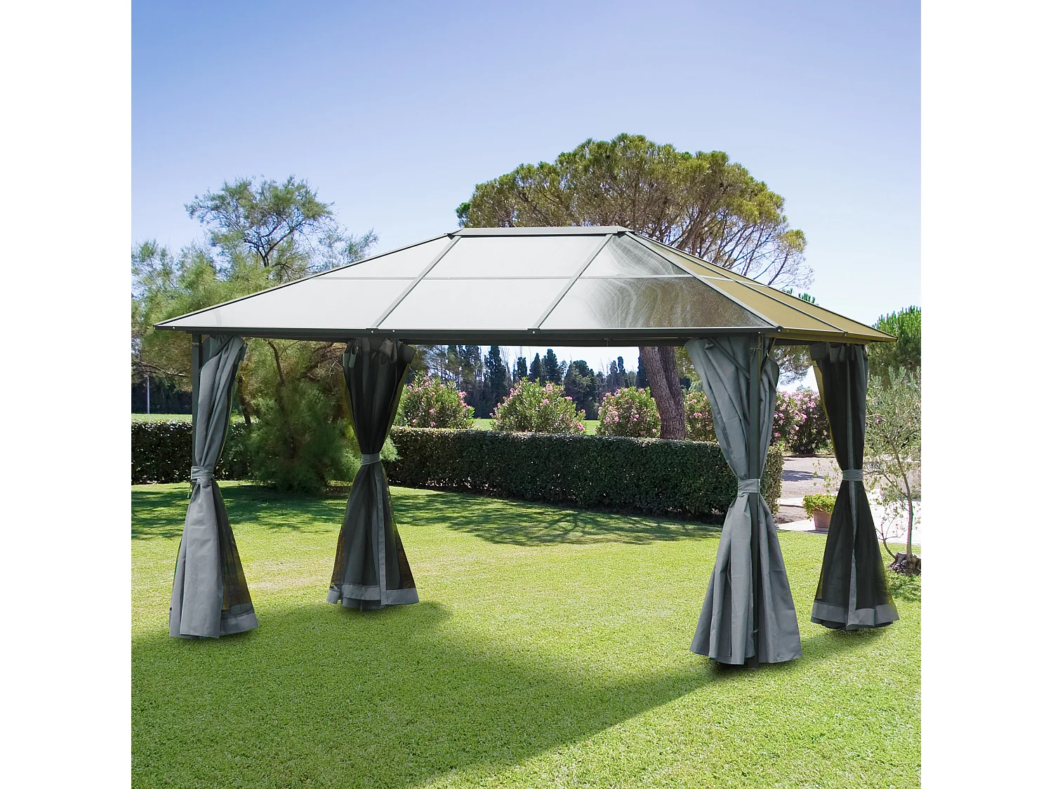 Pavillon de jardin tonnelle rigide dim. 4L x 3l x 2,65H m 4 parois latérales anti-UV gris 4 moustiquaires zippées alu. métal polycarbonate noir brun