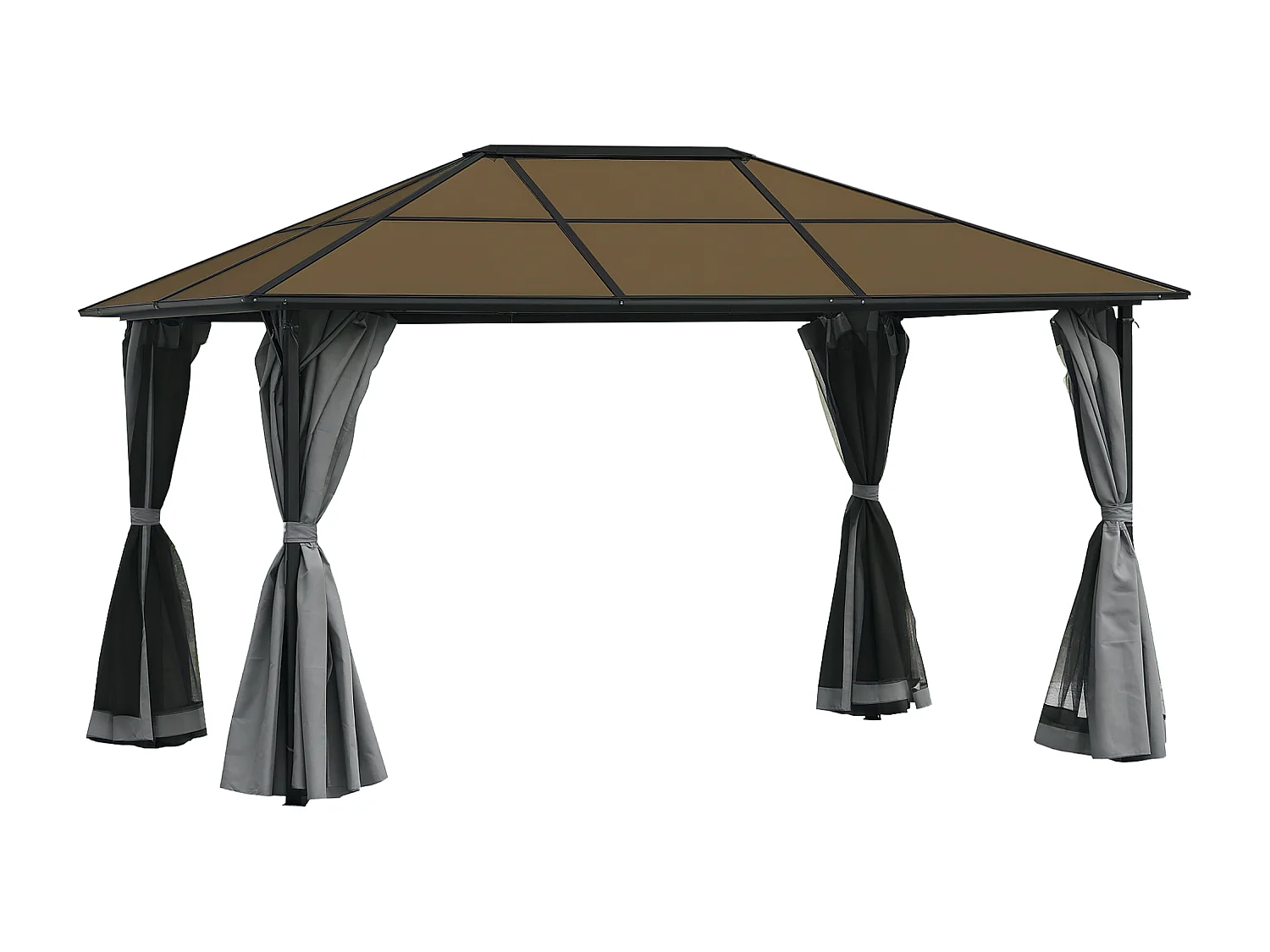 Pavillon de jardin tonnelle rigide dim. 4L x 3l x 2,65H m 4 parois latérales anti-UV gris 4 moustiquaires zippées alu. métal polycarbonate noir brun