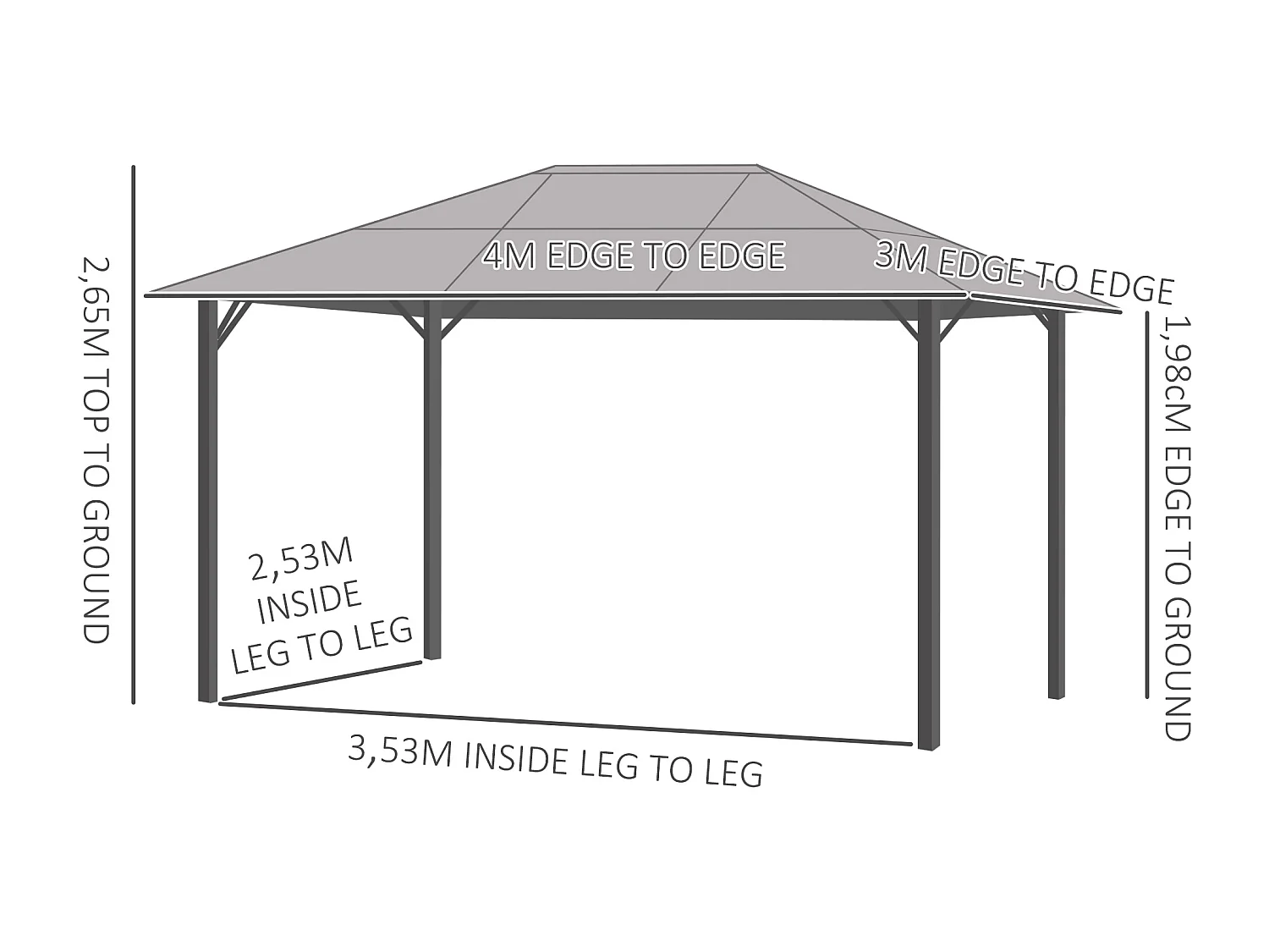 Pavillon de jardin tonnelle rigide dim. 4L x 3l x 2,65H m 4 parois latérales anti-UV gris 4 moustiquaires zippées alu. métal polycarbonate noir brun