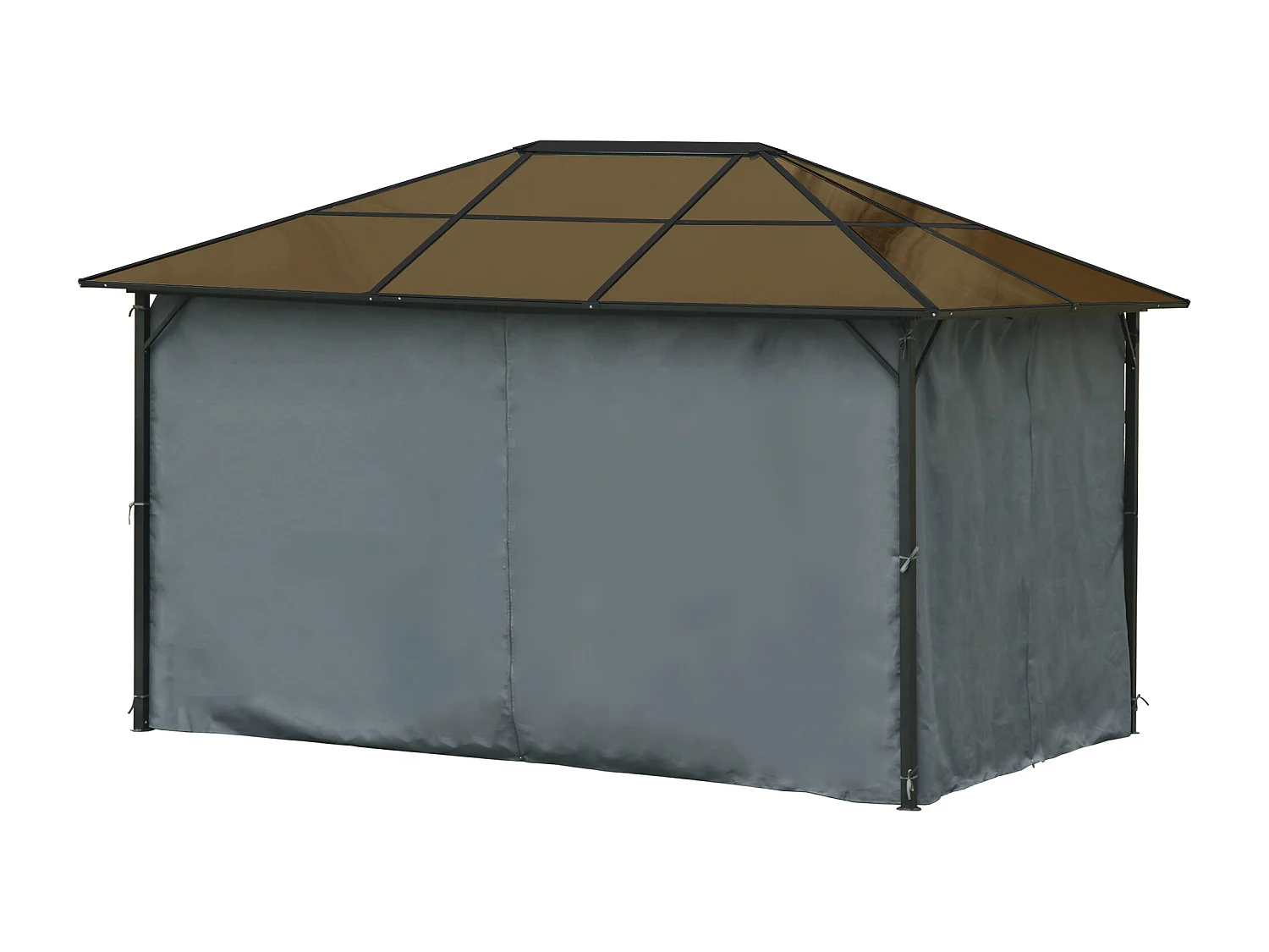 Pavillon de jardin tonnelle rigide dim. 4L x 3l x 2,65H m 4 parois latérales anti-UV gris 4 moustiquaires zippées alu. métal polycarbonate noir brun