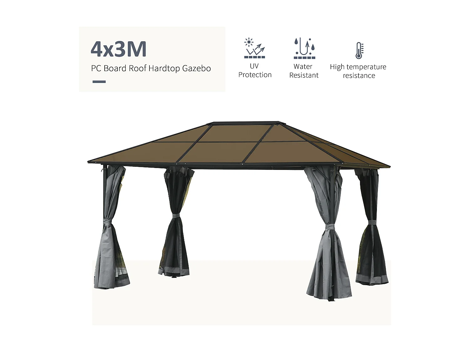 Pavillon de jardin tonnelle rigide dim. 4L x 3l x 2,65H m 4 parois latérales anti-UV gris 4 moustiquaires zippées alu. métal polycarbonate noir brun