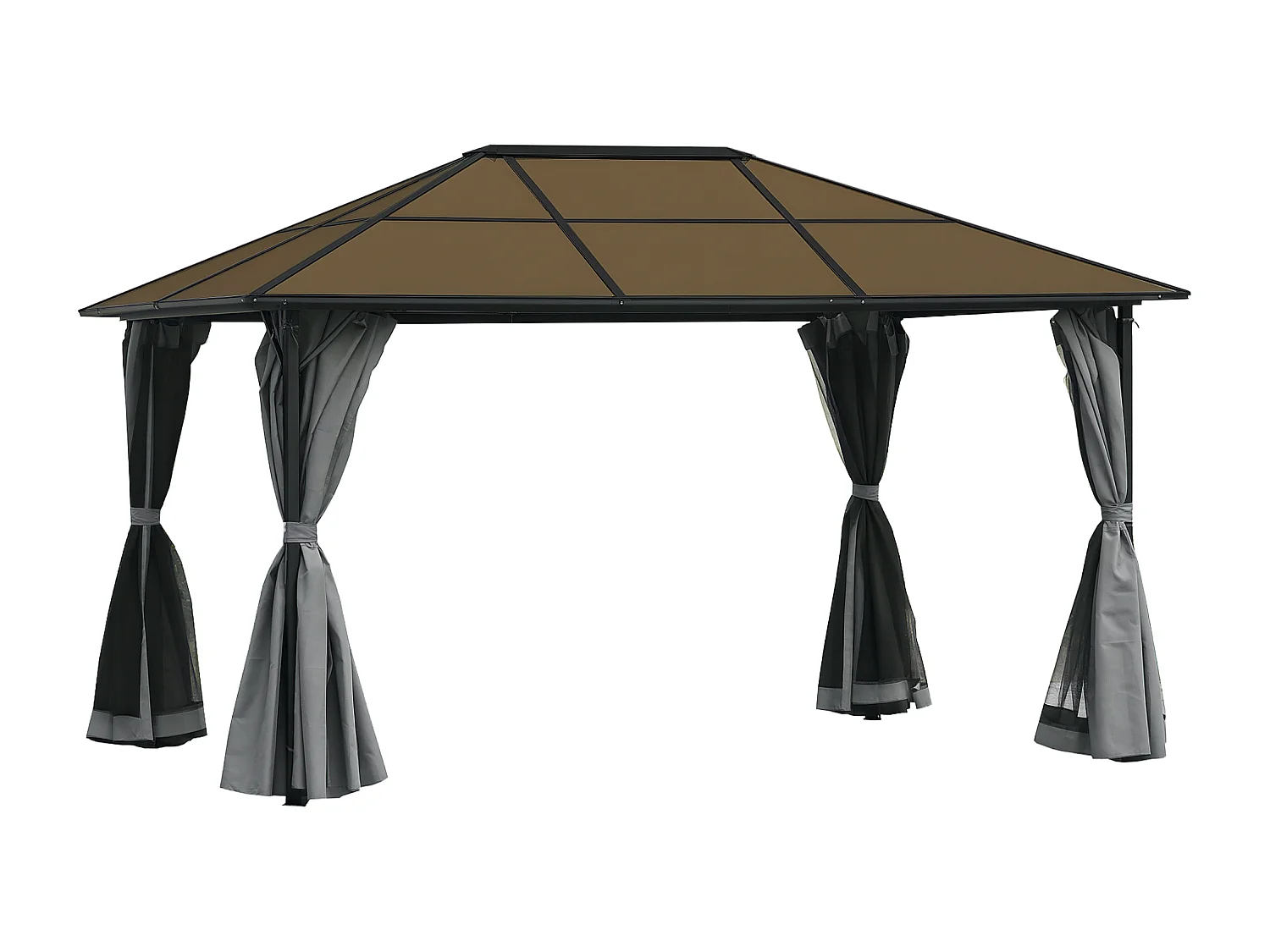 Pavillon de jardin tonnelle rigide dim. 4L x 3l x 2,65H m 4 parois latérales anti-UV gris 4 moustiquaires zippées alu. métal polycarbonate noir brun