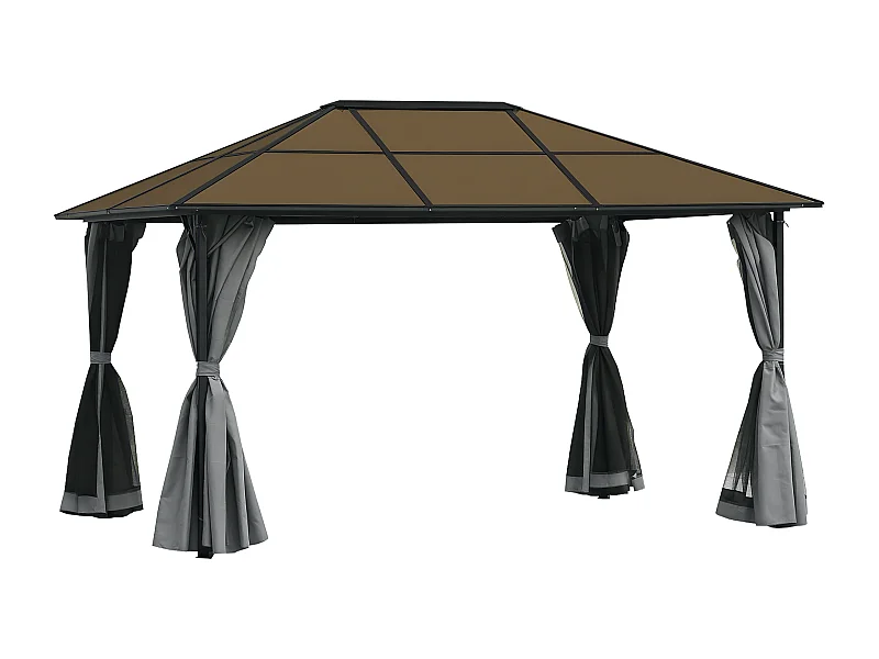 Pavillon de jardin tonnelle rigide dim. 4L x 3l x 2,65H m 4 parois latérales anti-UV gris 4 moustiquaires zippées alu. métal polycarbonate noir brun