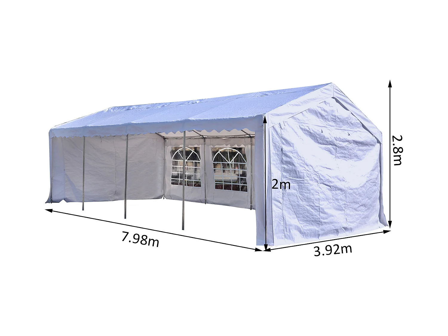 Tente barnum tonnelle de réception 798L x 392l x 280H cm polyéthylène imperméable 8 fenêtres et acier galvanisé robuste blanc