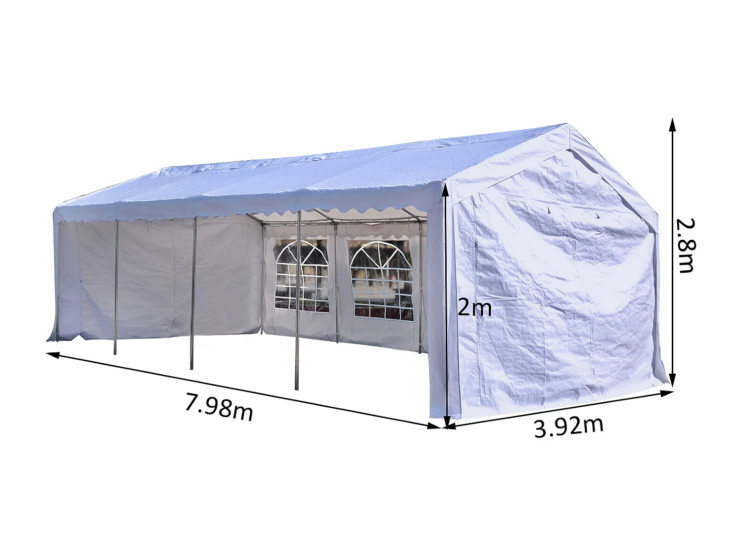 Tente barnum tonnelle de réception 798L x 392l x 280H cm polyéthylène imperméable 8 fenêtres et acier galvanisé robuste blanc