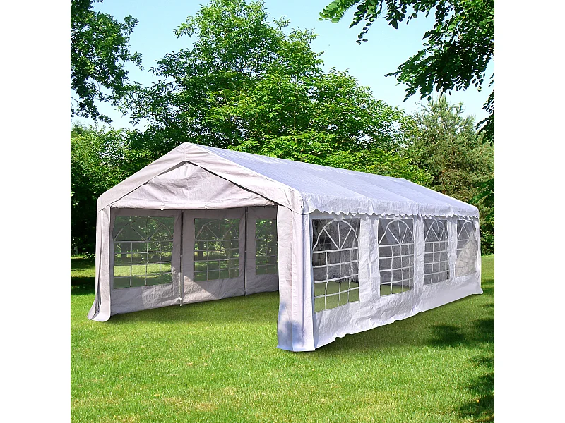 Tente barnum tonnelle de réception 798L x 392l x 280H cm polyéthylène imperméable 8 fenêtres et acier galvanisé robuste blanc