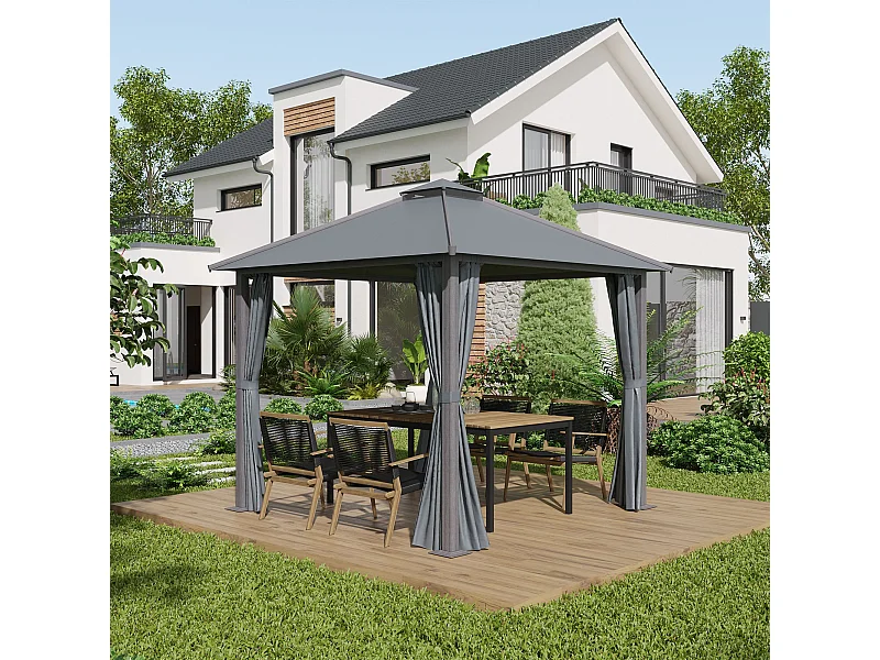 Pavillon de jardin style contemporain - barnum avec rideaux - dim. 2,96L x 2,96l x 2,8H m - alu. polyester gris
