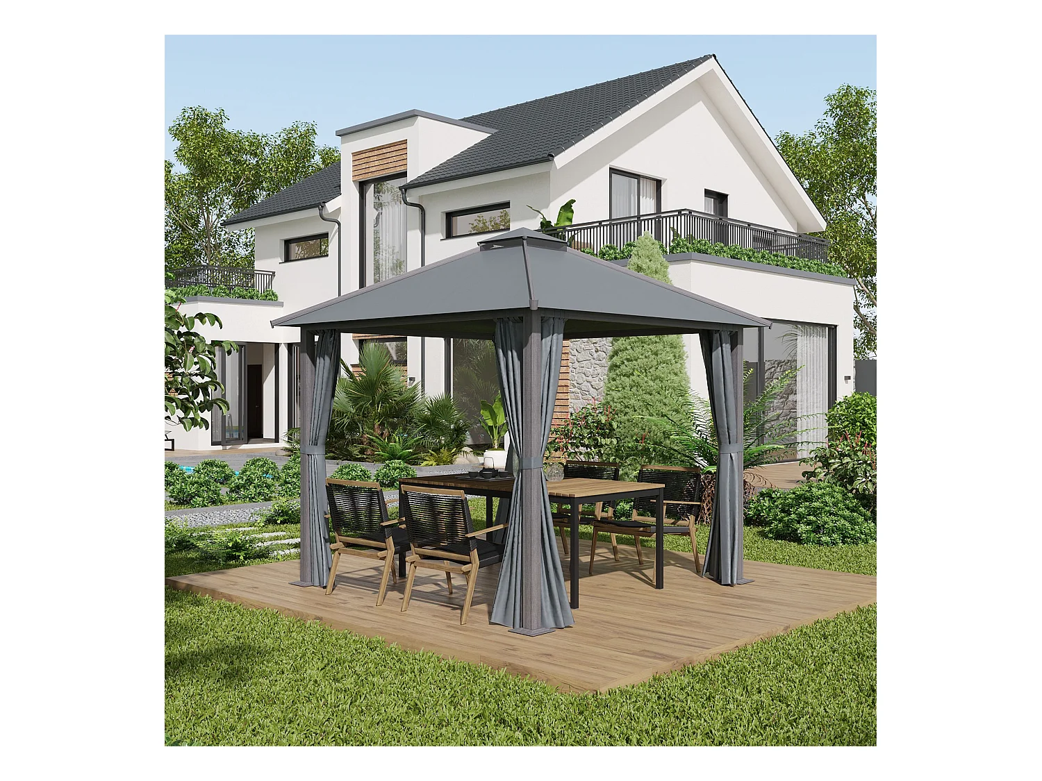 Pavillon de jardin style contemporain - barnum avec rideaux - dim. 2,96L x 2,96l x 2,8H m - alu. polyester gris