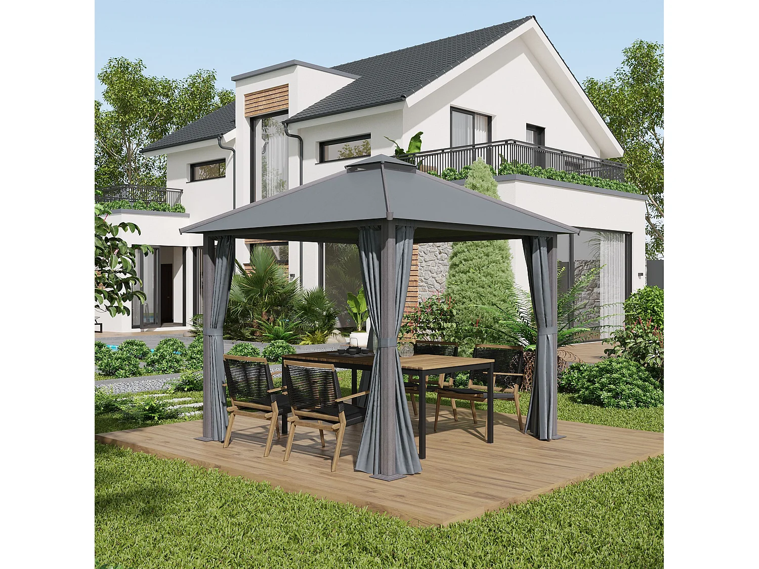 Pavillon de jardin style contemporain - barnum avec rideaux - dim. 2,96L x 2,96l x 2,8H m - alu. polyester gris