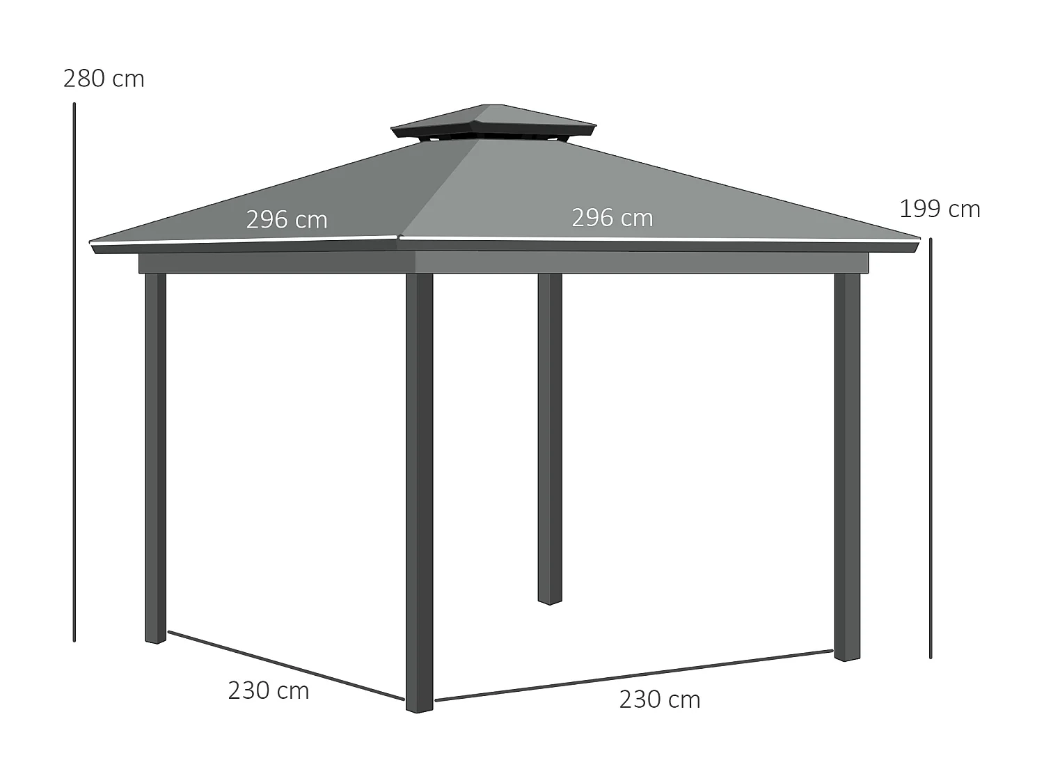 Pavillon de jardin style contemporain - barnum avec rideaux - dim. 2,96L x 2,96l x 2,8H m - alu. polyester gris