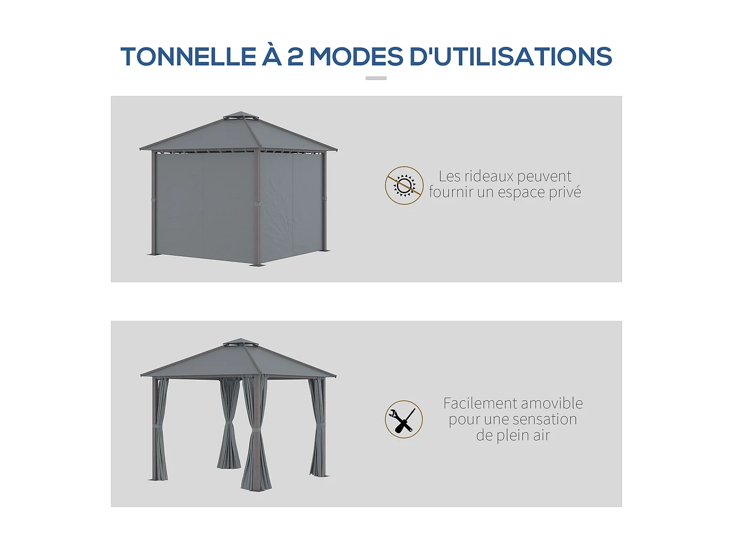 Pavillon de jardin style contemporain - barnum avec rideaux - dim. 2,96L x 2,96l x 2,8H m - alu. polyester gris
