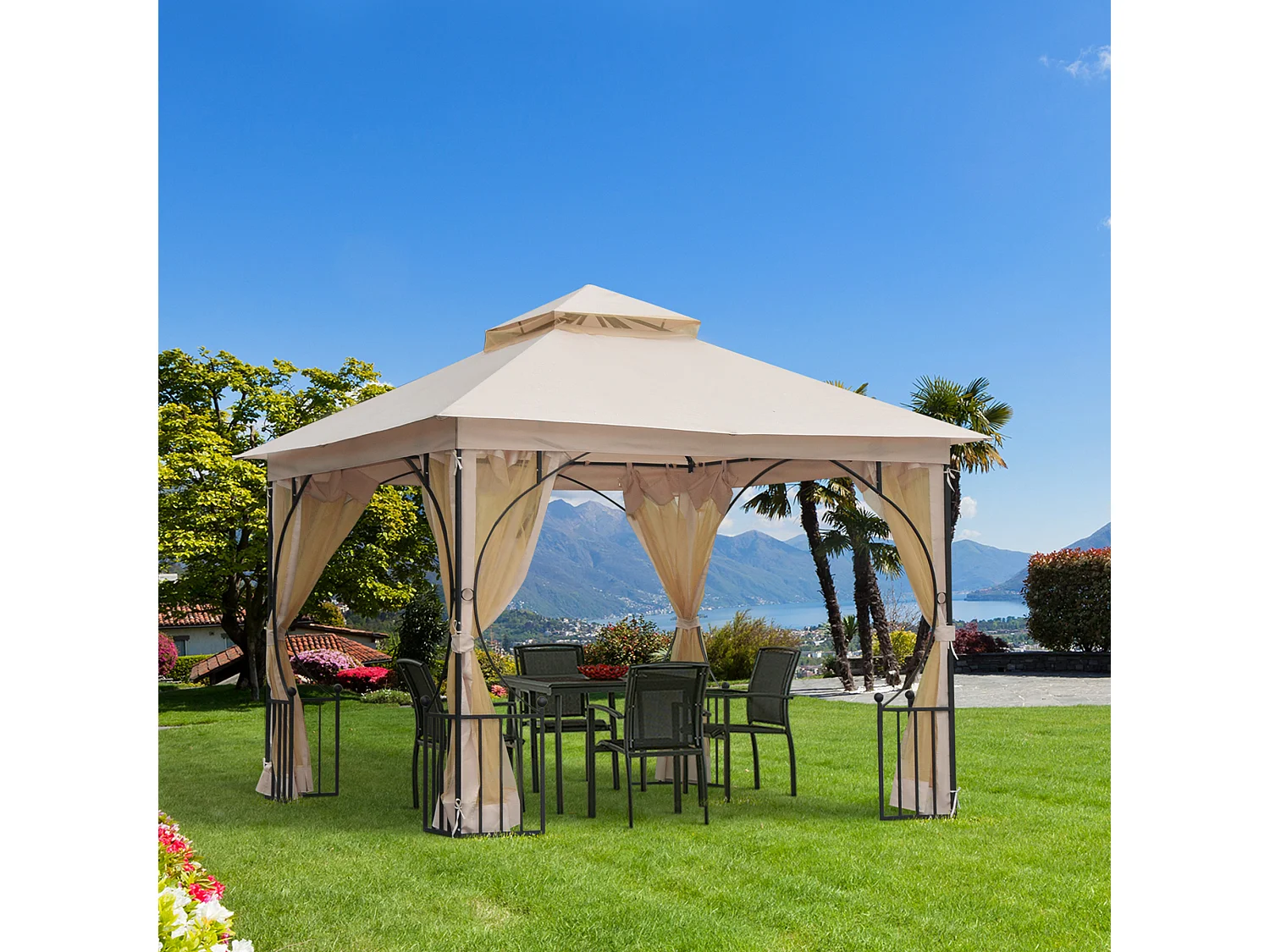 Pavillon de jardin tonnelle barnum style colonial double toit toiles moustiquaires amovibles zippées dim. 2,95L x 2,95l x 2,75H m beige noir